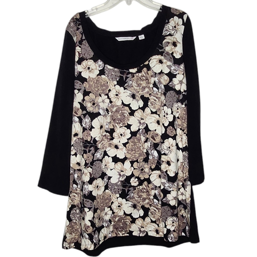 Women's Isaac Mizrahi Live! Blouse, L, Black/Beige Floral